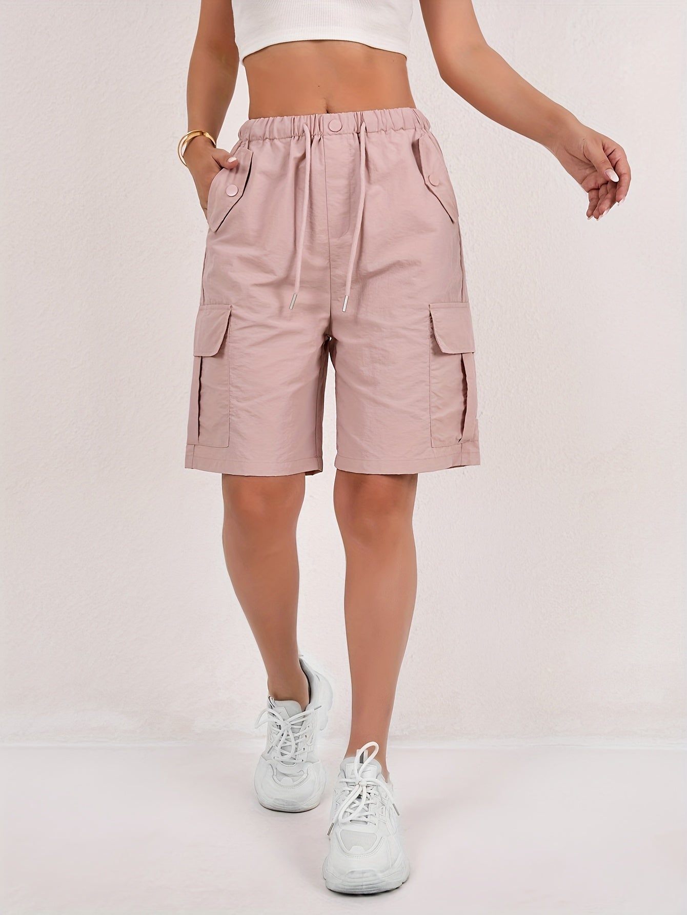Effortless Pink Cargo Shorts for Women with High Waist Drawstring Relaxed Bermuda Style