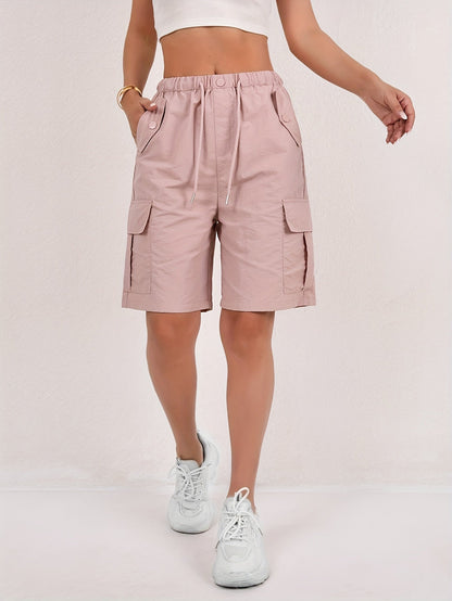Effortless Pink Cargo Shorts for Women with High Waist Drawstring Relaxed Bermuda Style