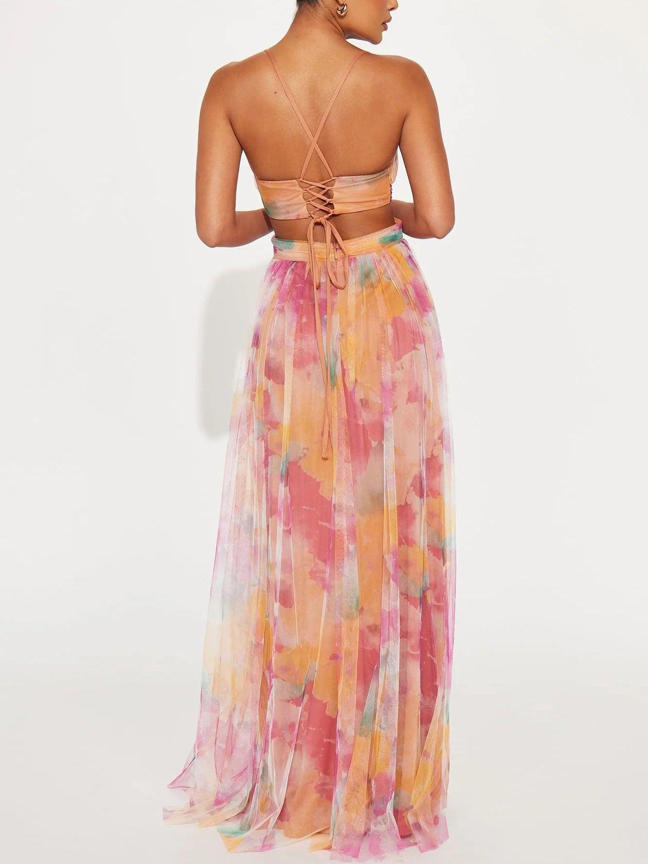 Elegant Watercolor Floral Maxi Dress for Women with V Neck Spaghetti Strap Crisscross Waist Wedding Guest Style