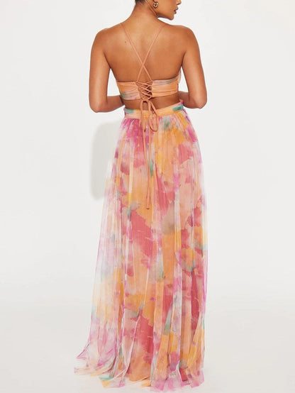 Elegant Watercolor Floral Maxi Dress for Women with V Neck Spaghetti Strap Crisscross Waist Wedding Guest Style