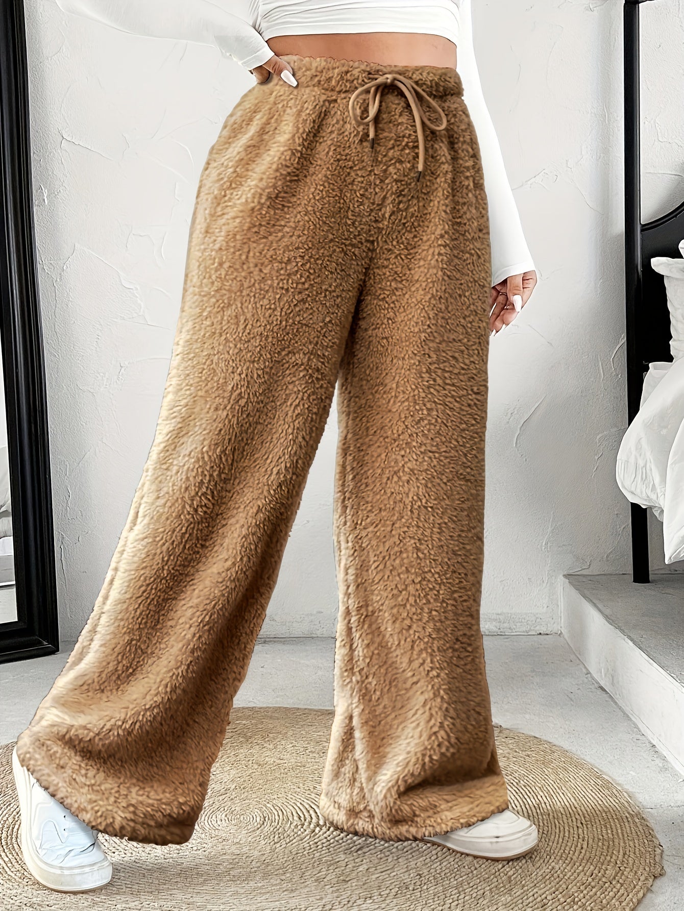 Comfortable Fuzzy Fleece Wide Leg Pants for Women with High Waist Drawstring Relaxed Casual Style