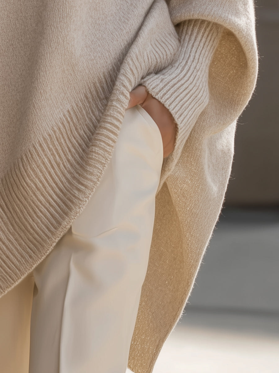 Comfortable Ribbed Trim Oversized Sweater for Women with Crew Neck Batwing Sleeve Asymmetric Hem Knit Style