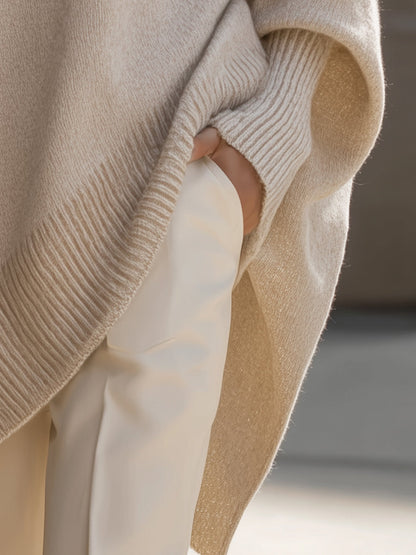 Comfortable Ribbed Trim Oversized Sweater for Women with Crew Neck Batwing Sleeve Asymmetric Hem Knit Style