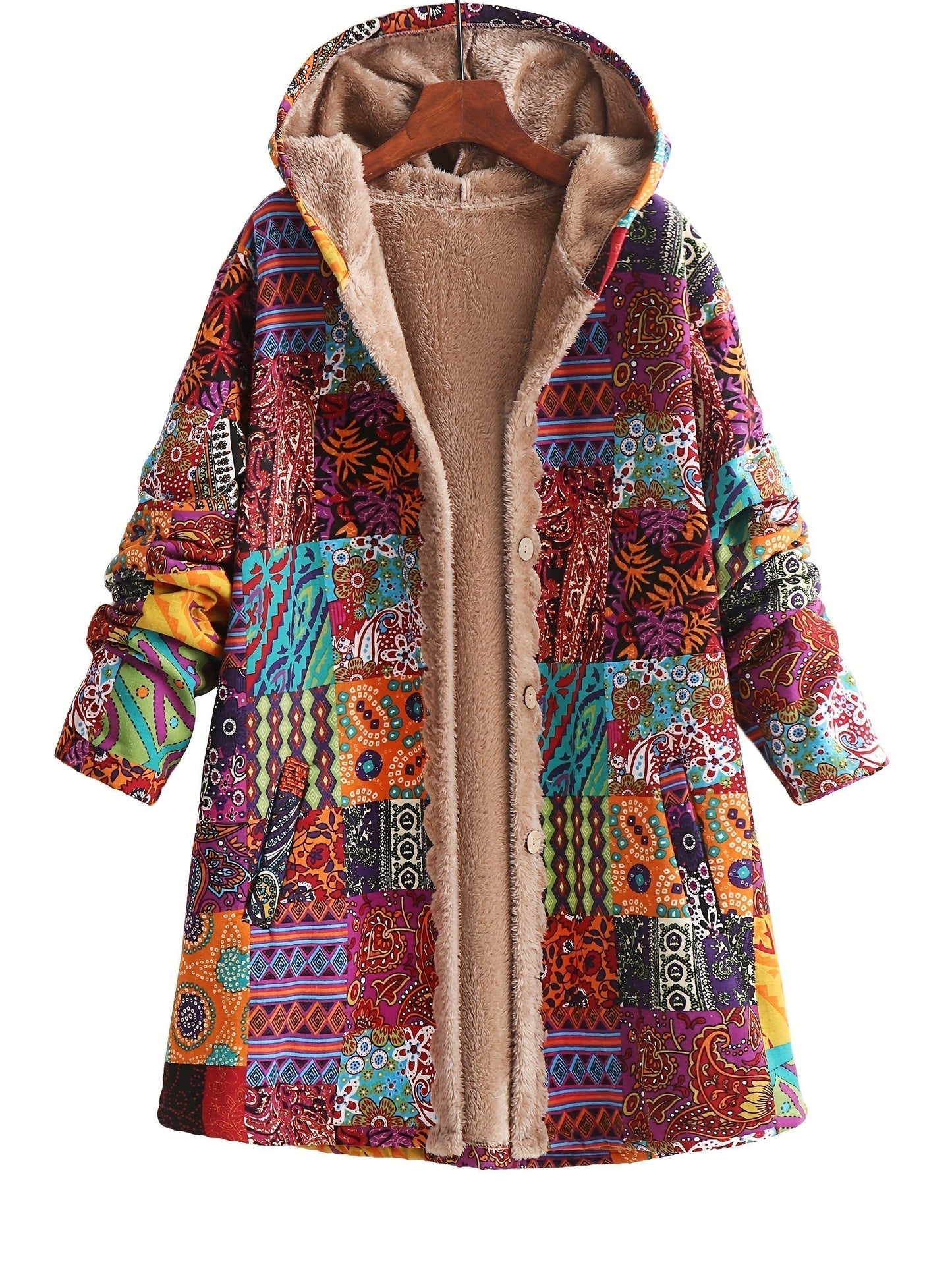 Effortless Patchwork Print Hooded Coat for Women with Fleece Lined Button Front Oversized Bohemian Style