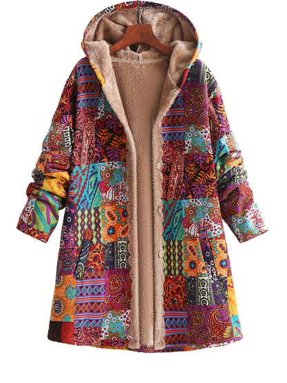 Effortless Patchwork Print Hooded Coat for Women with Fleece Lined Button Front Oversized Bohemian Style