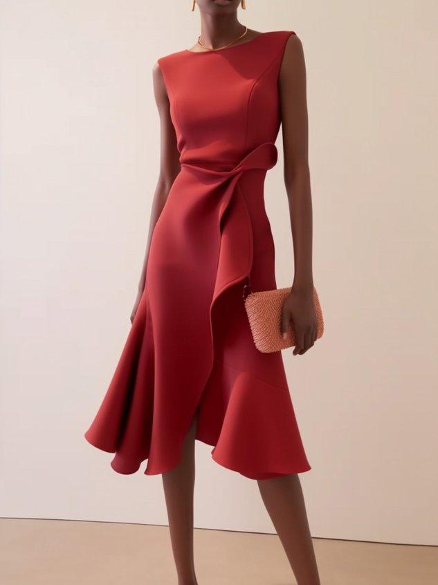 Elegant Draped Sheath Midi Dress for Women with Boat Neck Sleeveless Ruffle Hem Cocktail Style