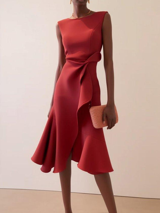 Elegant Draped Sheath Midi Dress for Women with Boat Neck Sleeveless Ruffle Hem Cocktail Style