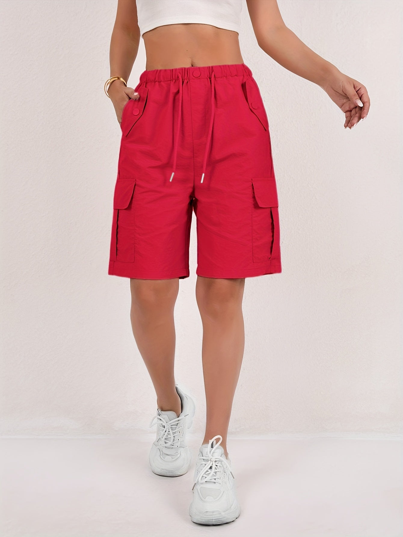 Effortless Pink Cargo Shorts for Women with High Waist Drawstring Relaxed Bermuda Style