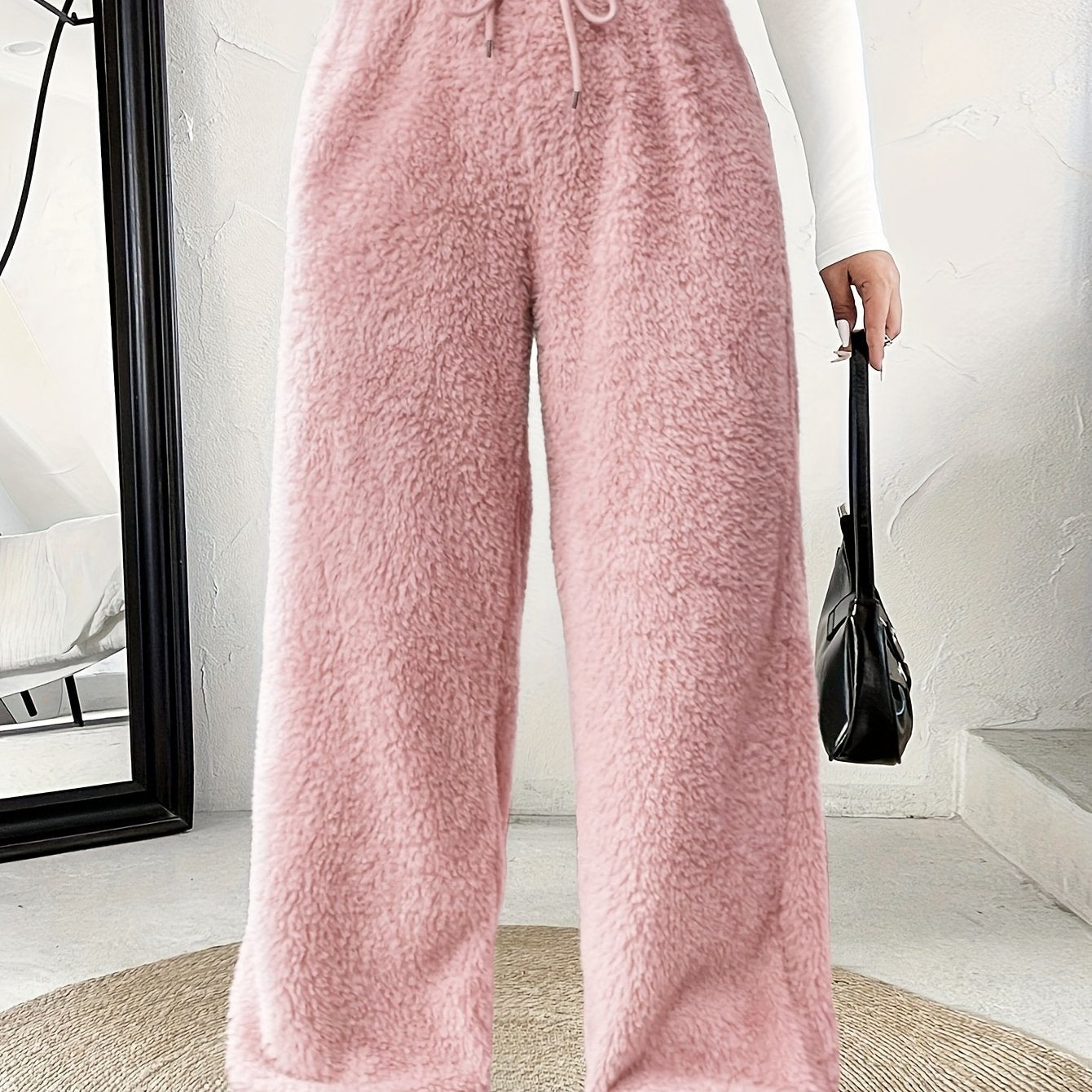 Comfortable Fuzzy Fleece Wide Leg Pants for Women with High Waist Drawstring Relaxed Casual Style