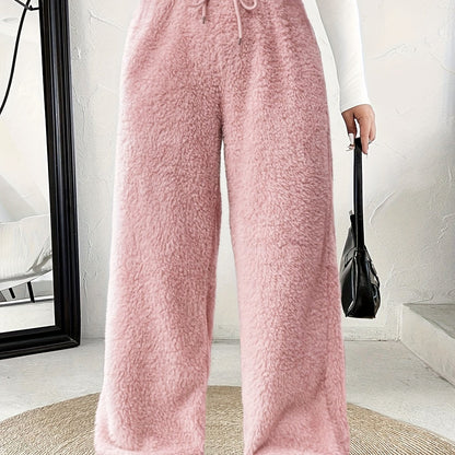 Comfortable Fuzzy Fleece Wide Leg Pants for Women with High Waist Drawstring Relaxed Casual Style