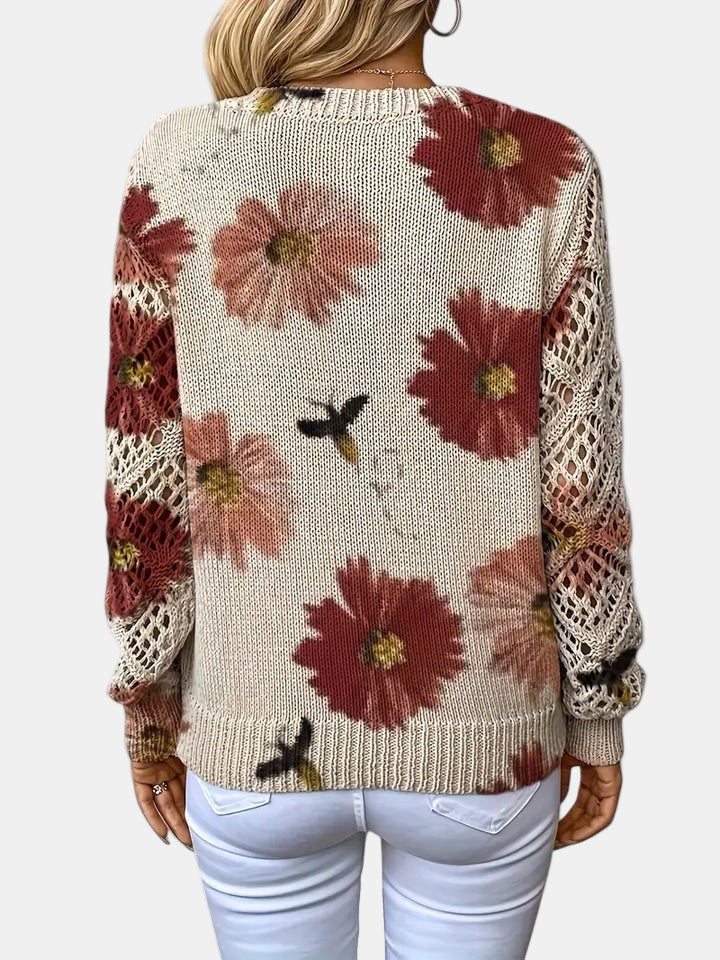 Comfortable Floral Print Sweater for Women with V Neck Long Sleeve Crochet Panel Oversized Knit Style