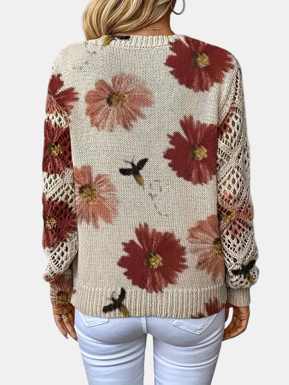 Comfortable Floral Print Sweater for Women with V Neck Long Sleeve Crochet Panel Oversized Knit Style