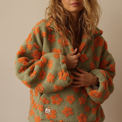 Effortless Floral Sherpa Jacket for Women with Collar Long Sleeve Half Zip Oversized Casual Style