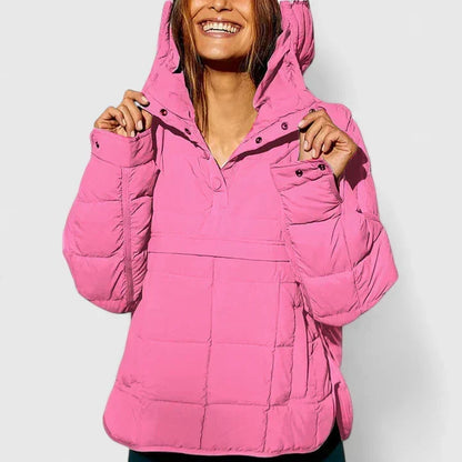 Comfortable Quilted Puffer Jacket for Women with Hooded Long Sleeve Snap Front Oversized Style