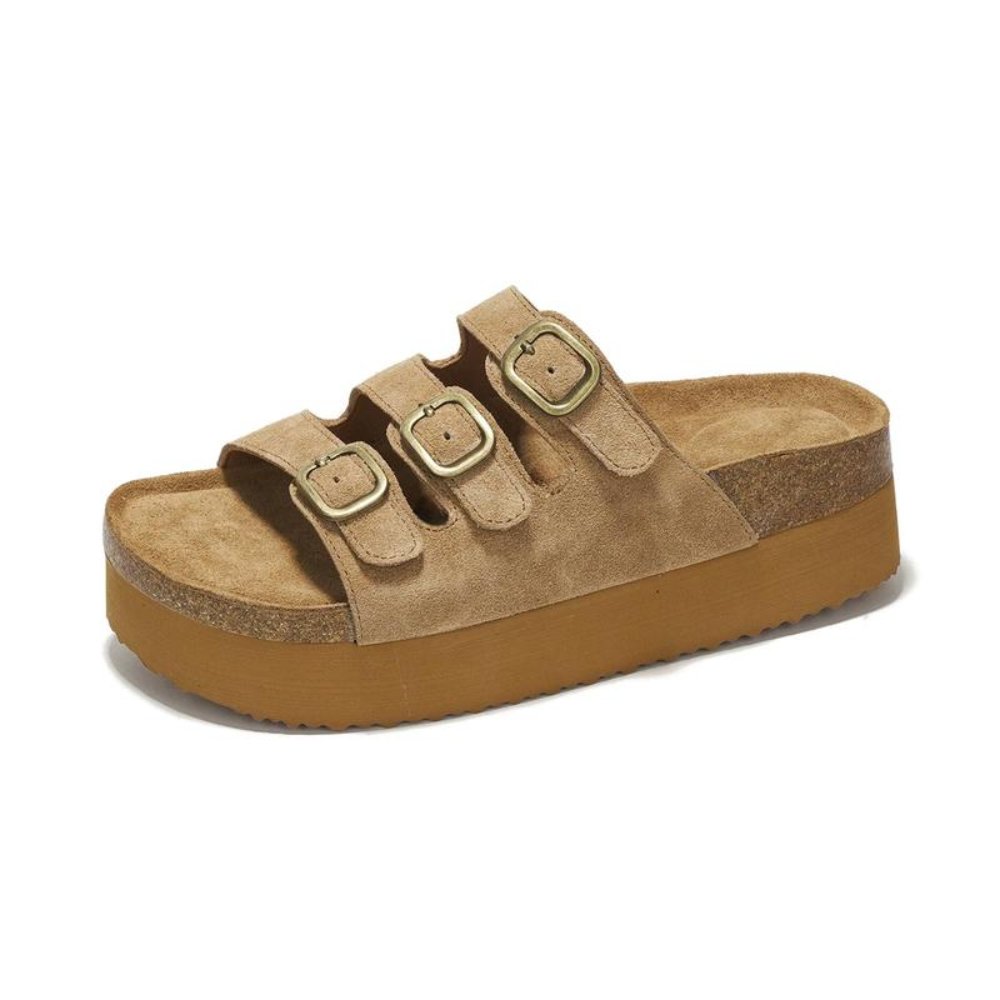 Comfortable Platform Sandals for Women with Triple Buckle Strap Cork Footbed Slide Style