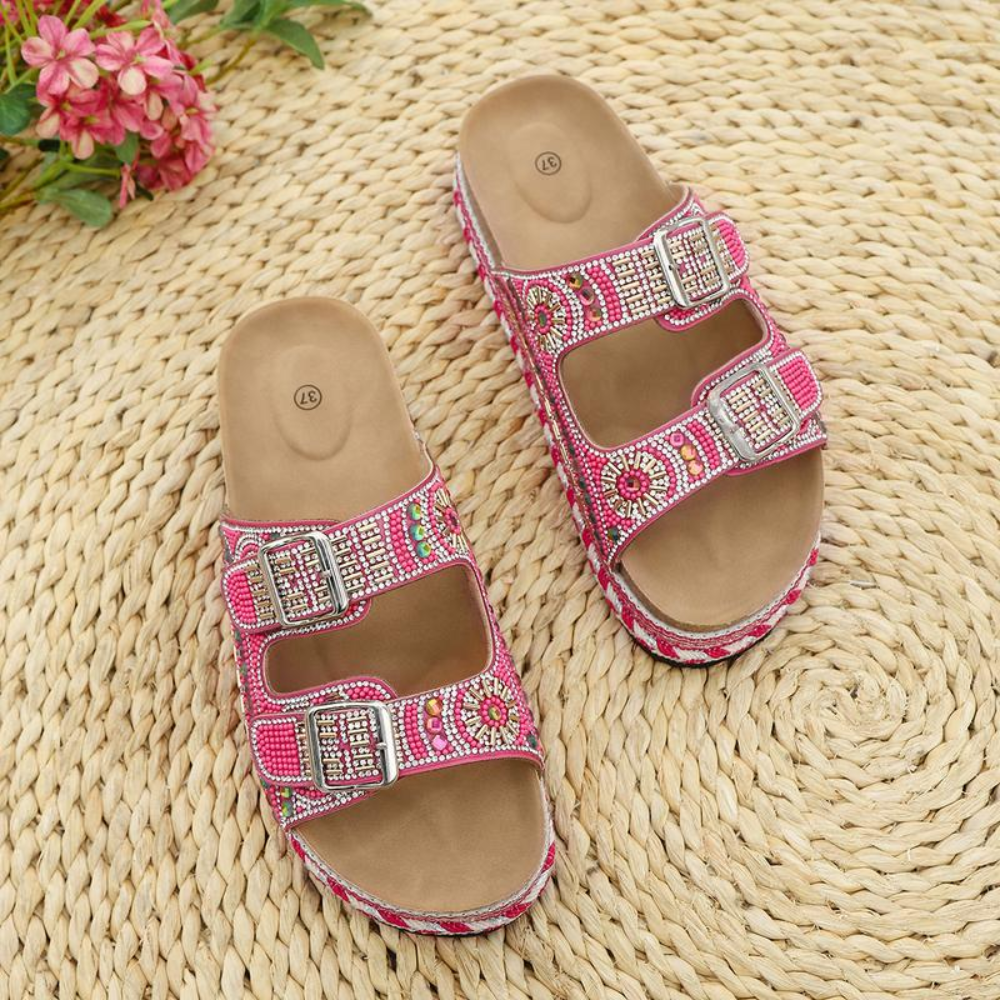 Comfortable Slide Sandals for Women with Printed Double Buckle Strap Platform Open Toe Style