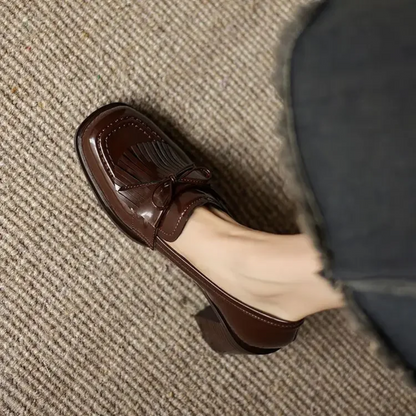 Elegant Patent Leather Tassel Loafer for Women with Round Toe Block Heel Chic Style