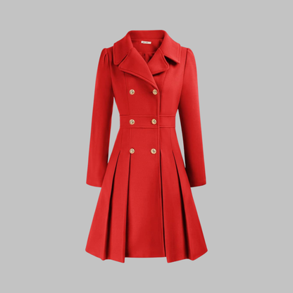 Elegant Wool Coat for Women with Notched Lapel Long Sleeve Double Breasted Pleated Flare Style
