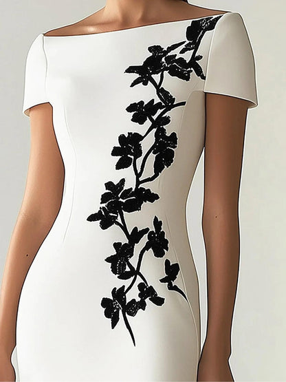 Elegant White Floral Lace Midi Dress for Women with Boat Neck Short Sleeve Bodycon Side Slit Style