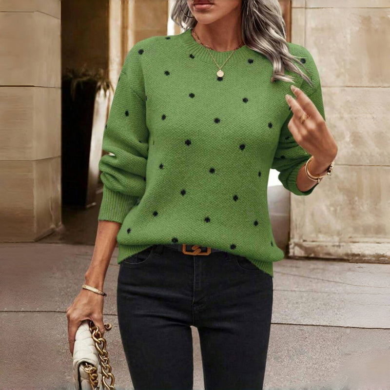 Comfortable Polka Dot Sweater for Women with Round Neck Long Sleeve Relaxed Oversized Knit Style