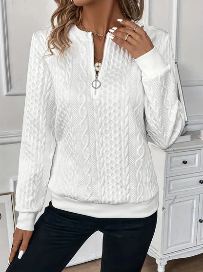 Comfortable Cable Knit Sweater for Women with Zip Collar Long Sleeve Kangaroo Pocket Relaxed Style