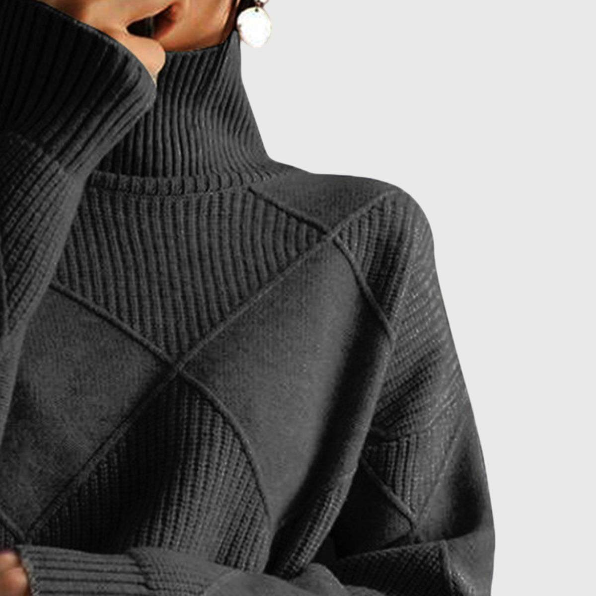 Comfortable Diamond Knit Turtleneck Sweater for Women with High Neck Long Sleeve Relaxed Oversized Style