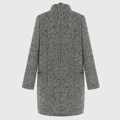 Elegant Gray Houndstooth Tweed Coat for Women with Notched Lapel Long Sleeve Longline Relaxed Style