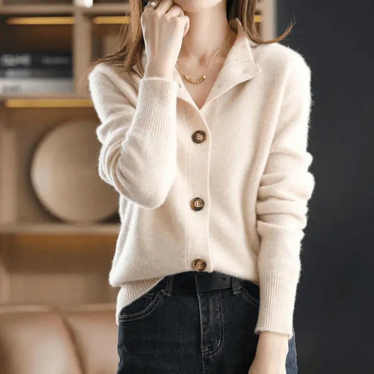 Comfortable Button Front Cardigan Sweater for Women with Stand Collar Long Sleeve Ribbed Cuff Cropped Style