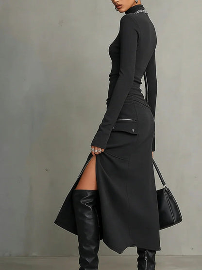Stylish Dark Grey Turtleneck Two Piece Set for Women with Zipper Pocket Skirt