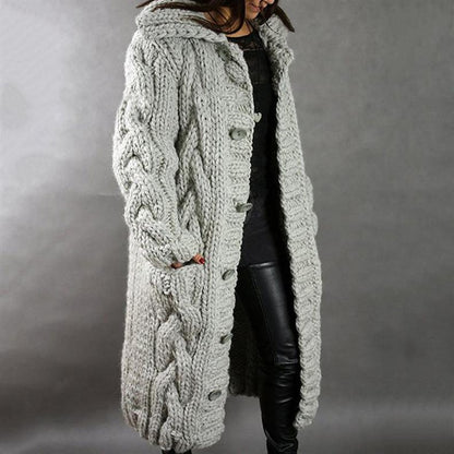 Comfortable Cable Knit Long Cardigan for Women with Hooded Collar Button Front Oversized Relaxed Style
