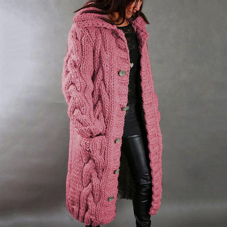 Comfortable Cable Knit Long Cardigan for Women with Hooded Collar Button Front Oversized Relaxed Style