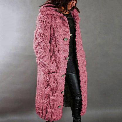 Comfortable Cable Knit Long Cardigan for Women with Hooded Collar Button Front Oversized Relaxed Style
