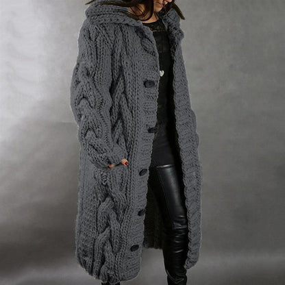 Comfortable Cable Knit Long Cardigan for Women with Hooded Collar Button Front Oversized Relaxed Style