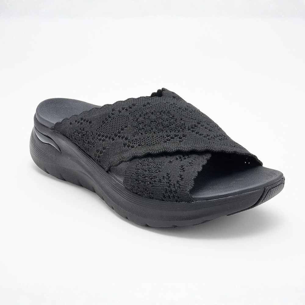 Comfortable Slide Sandals for Women with Knit Crossover Strap Cushioned Platform Sole