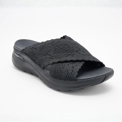 Comfortable Slide Sandals for Women with Knit Crossover Strap Cushioned Platform Sole