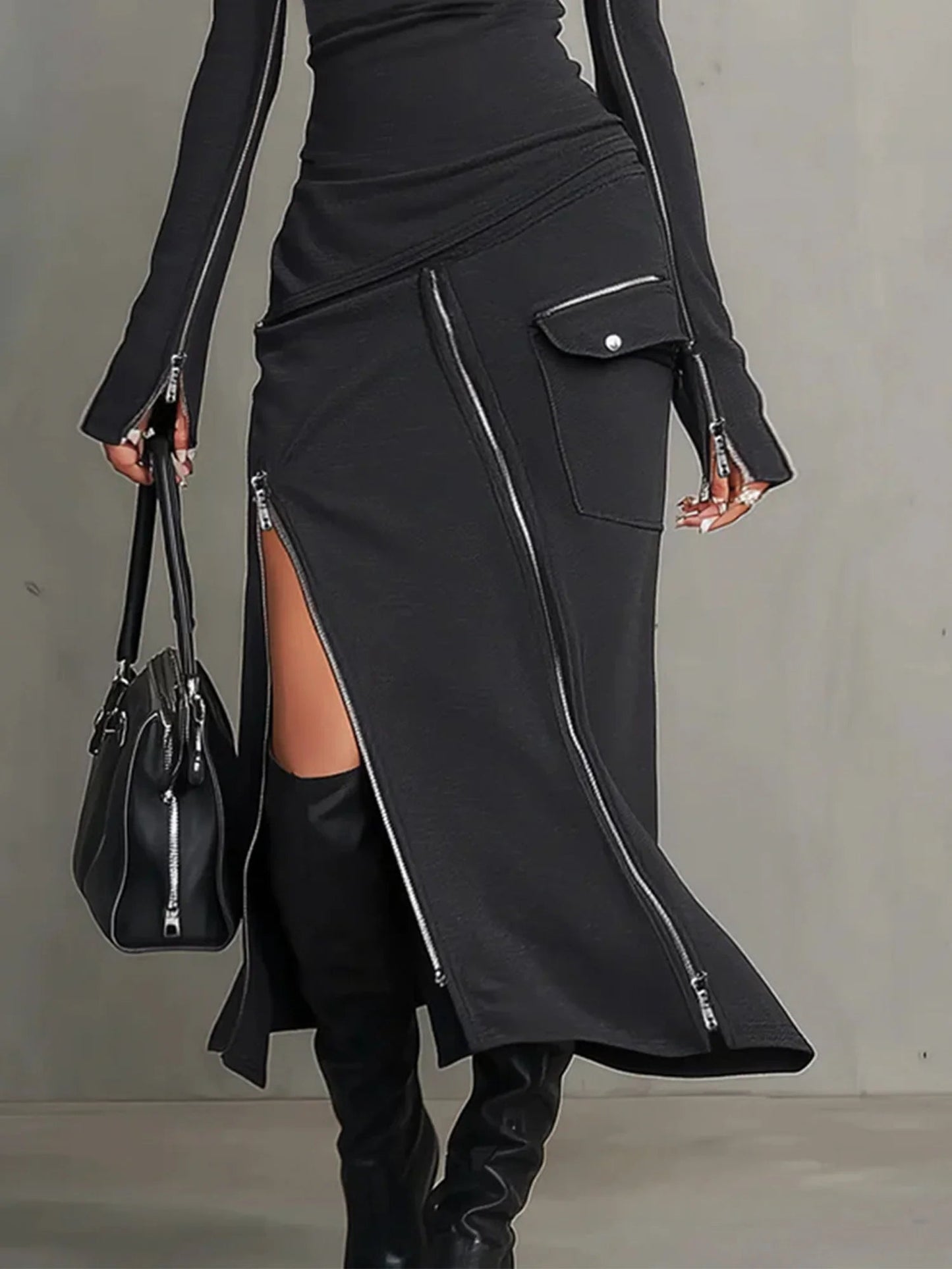 Stylish Dark Grey Turtleneck Two Piece Set for Women with Zipper Pocket Skirt