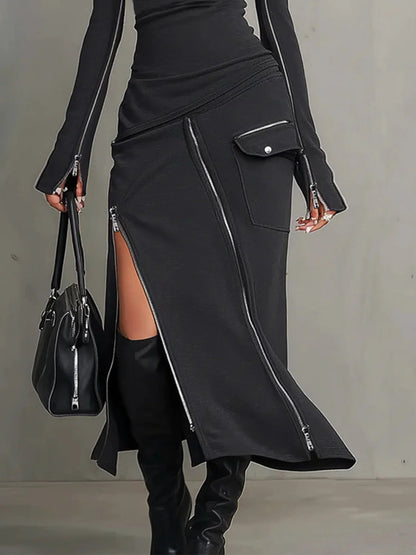 Stylish Dark Grey Turtleneck Two Piece Set for Women with Zipper Pocket Skirt
