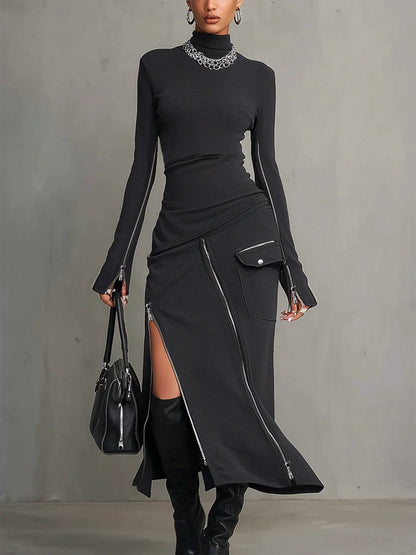 Stylish Dark Grey Turtleneck Two Piece Set for Women with Zipper Pocket Skirt