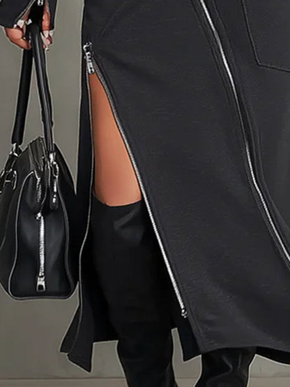 Stylish Dark Grey Turtleneck Two Piece Set for Women with Zipper Pocket Skirt