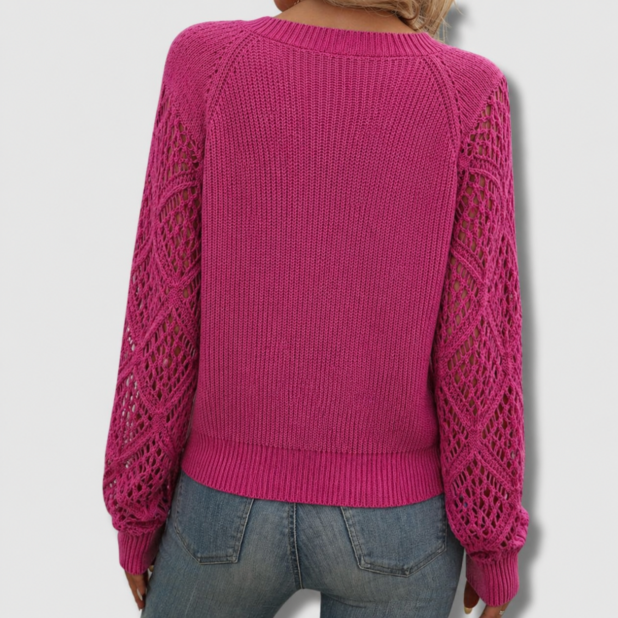 Comfortable Crochet Knit Sweater for Women with V Neck Long Sleeve Openwork Relaxed Knit Style