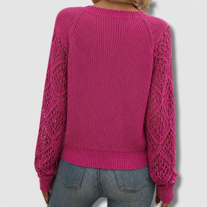 Comfortable Crochet Knit Sweater for Women with V Neck Long Sleeve Openwork Relaxed Knit Style