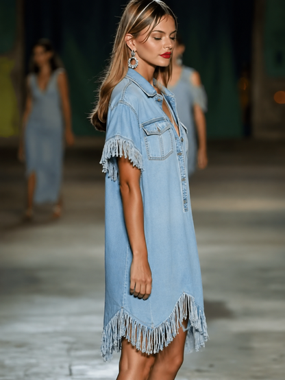 Effortless Light Blue Denim Shirt Dress for Women with Collar Short Sleeve Fringe Trim Asymmetrical Hem Style