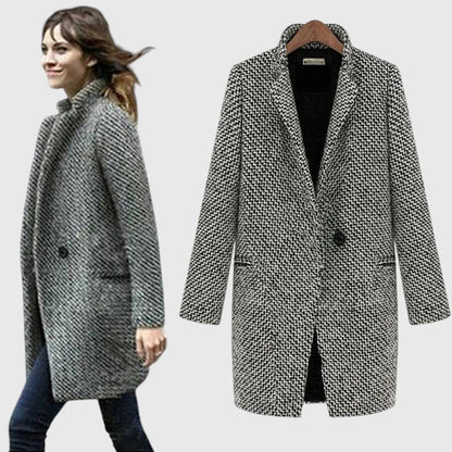 Elegant Gray Houndstooth Tweed Coat for Women with Notched Lapel Long Sleeve Longline Relaxed Style