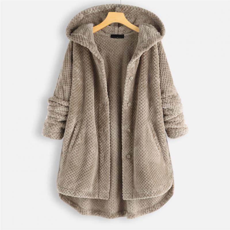 Comfortable Black Corduroy Hooded Coat for Women with Button Front Long Sleeve Oversized High Low Casual Style