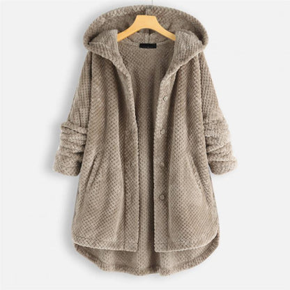 Comfortable Black Corduroy Hooded Coat for Women with Button Front Long Sleeve Oversized High Low Casual Style