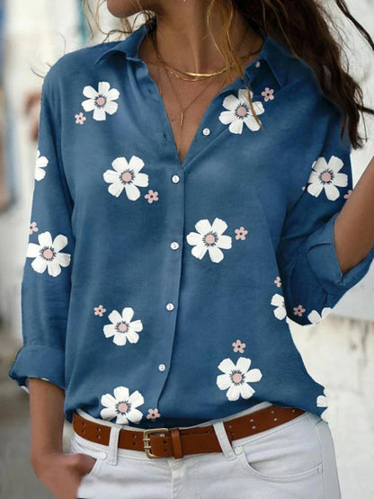 Effortless Floral Blouse for Women with Collar Long Sleeve Button Front Relaxed Style