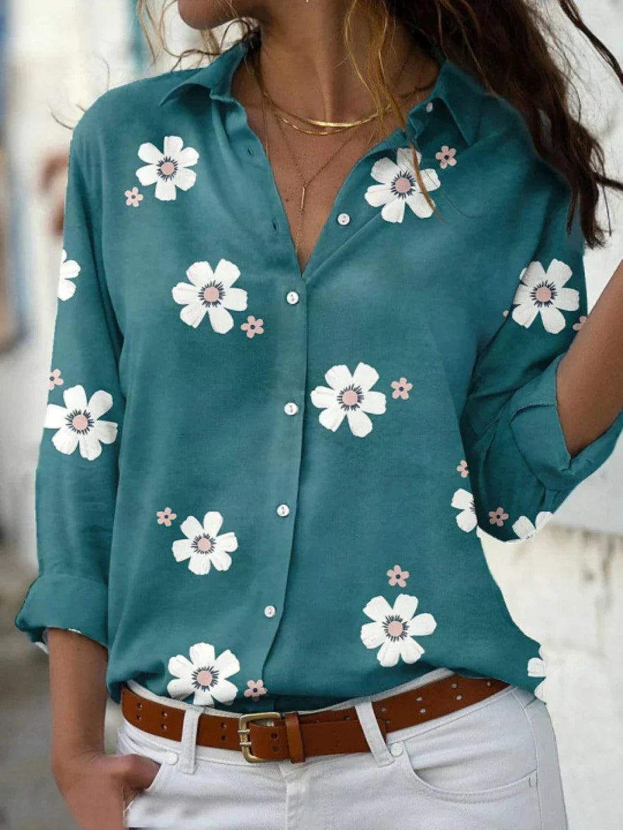 Effortless Floral Blouse for Women with Collar Long Sleeve Button Front Relaxed Style