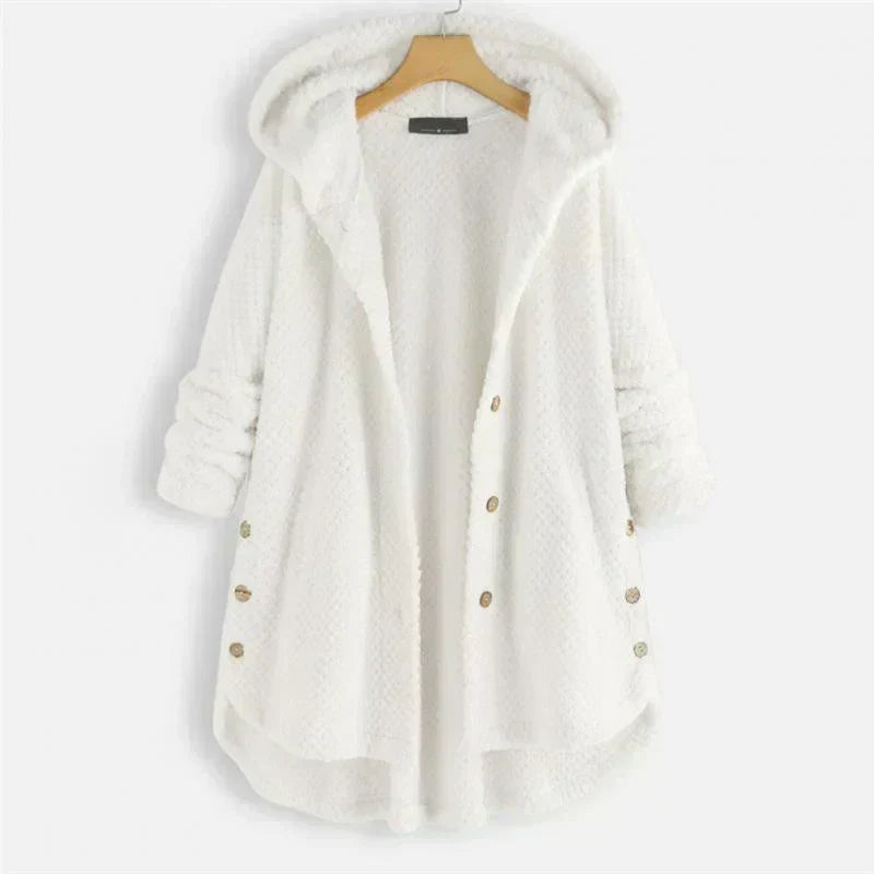 Comfortable Black Corduroy Hooded Coat for Women with Button Front Long Sleeve Oversized High Low Casual Style