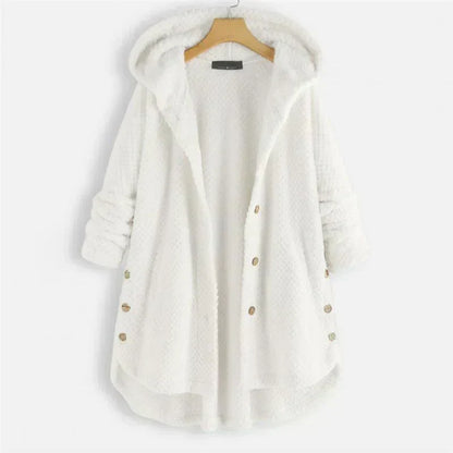 Comfortable Black Corduroy Hooded Coat for Women with Button Front Long Sleeve Oversized High Low Casual Style