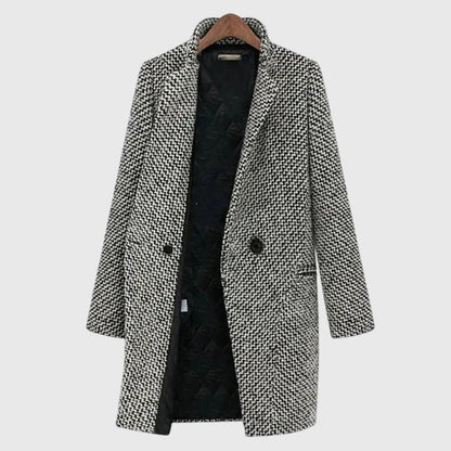 Elegant Gray Houndstooth Tweed Coat for Women with Notched Lapel Long Sleeve Longline Relaxed Style